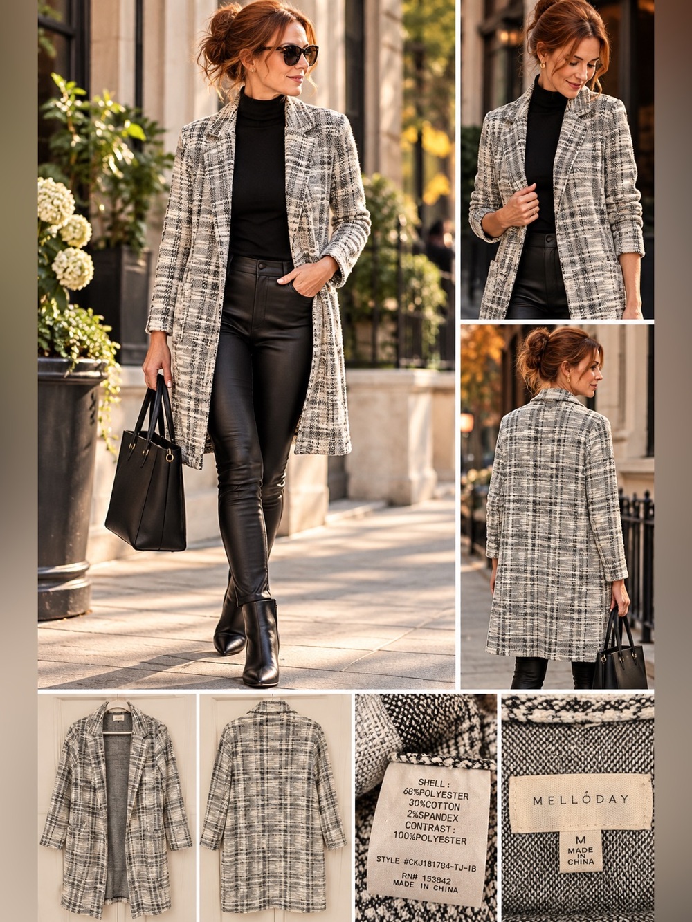 MELLODAY Black & Cream Plaid Longline Cardigan Coat